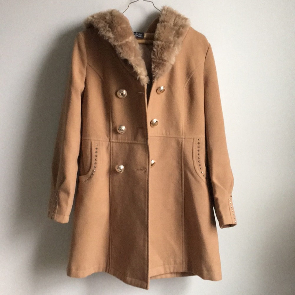 Studded Peacoat with Faux Fur Hood